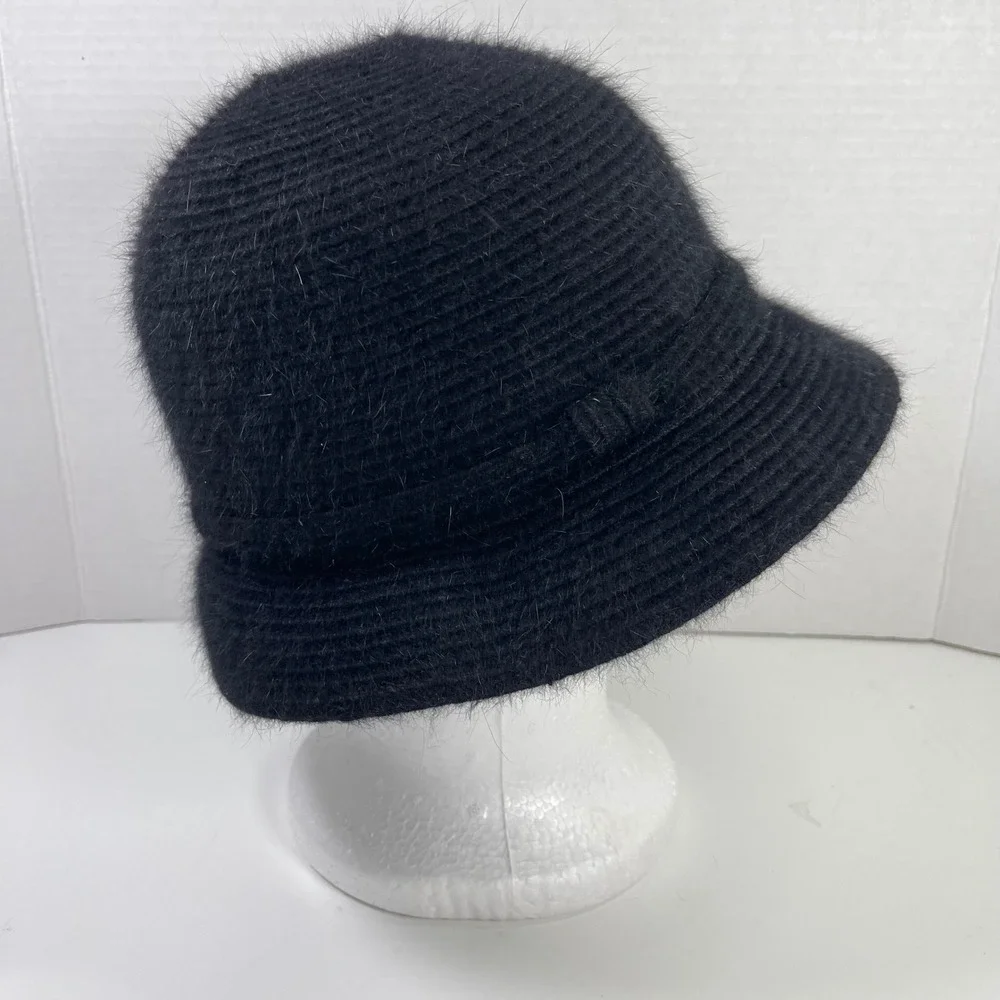 Vintage Nine West Angora Blend Cloche Bucket Hat Womens Black Fuzzy Bow Y2K